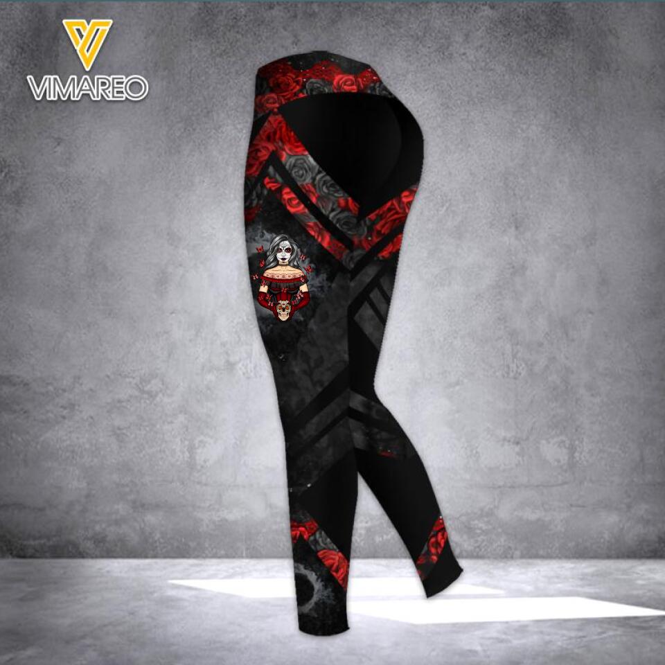 PERSONALIZED SKULL ROSE GIRL HOLLOW-OUT TANK + LEGGING QTTN2303