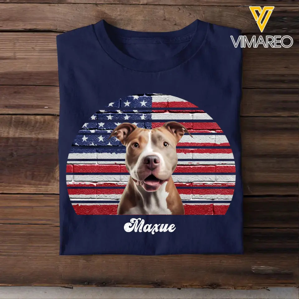 Personalized Retro Flag Upload Dog Cat Pet Photo Dog Dad Dog Mom Tshirt