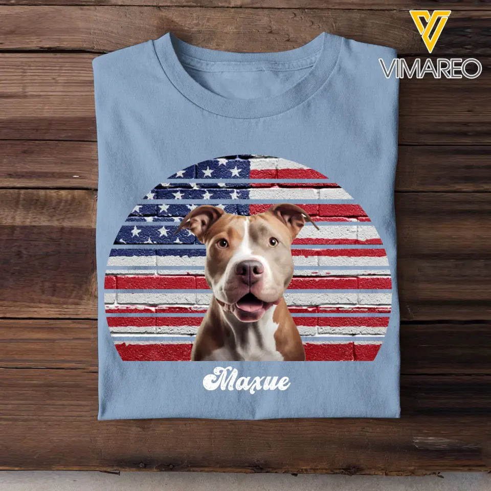 Personalized Retro Flag Upload Dog Cat Pet Photo Dog Dad Dog Mom Tshirt