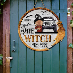 Personalized The Witch Is In Witch Jeep Halloween Gift Wood Sign Door Hanging Decor Home Printed MTHN23428