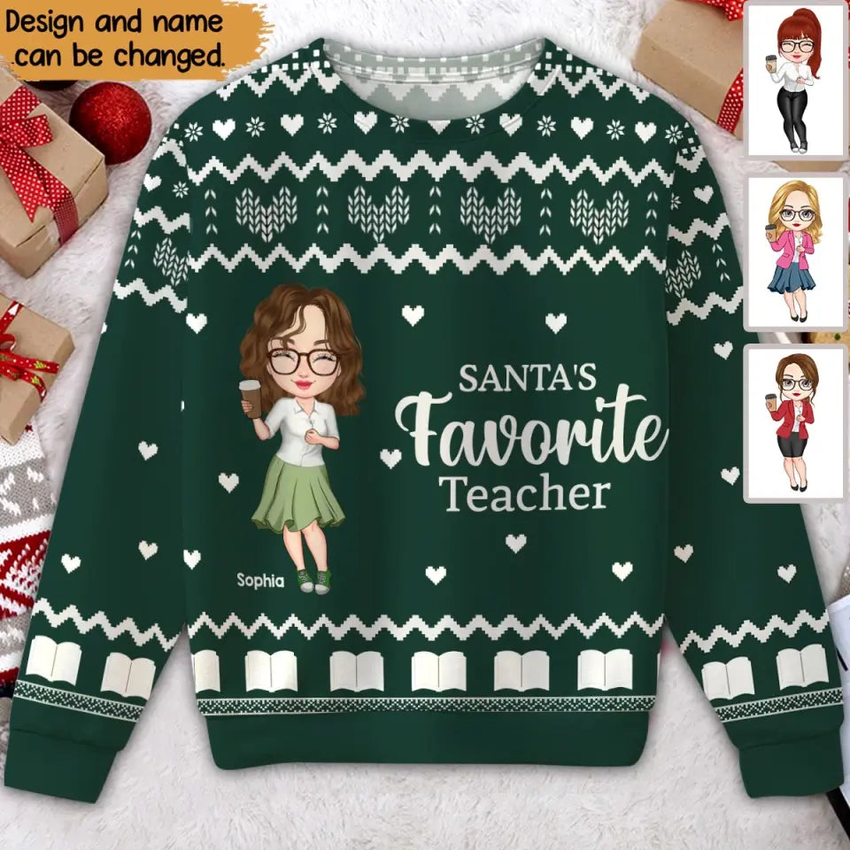 Personalized Santa's Favorite Teacher Ugly Sweater Printed HTHVQ23889