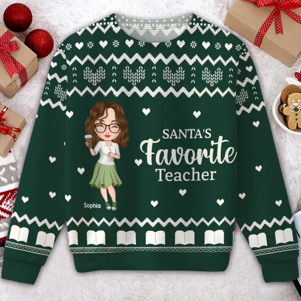 Personalized Santa's Favorite Teacher Ugly Sweater Printed HTHVQ23889