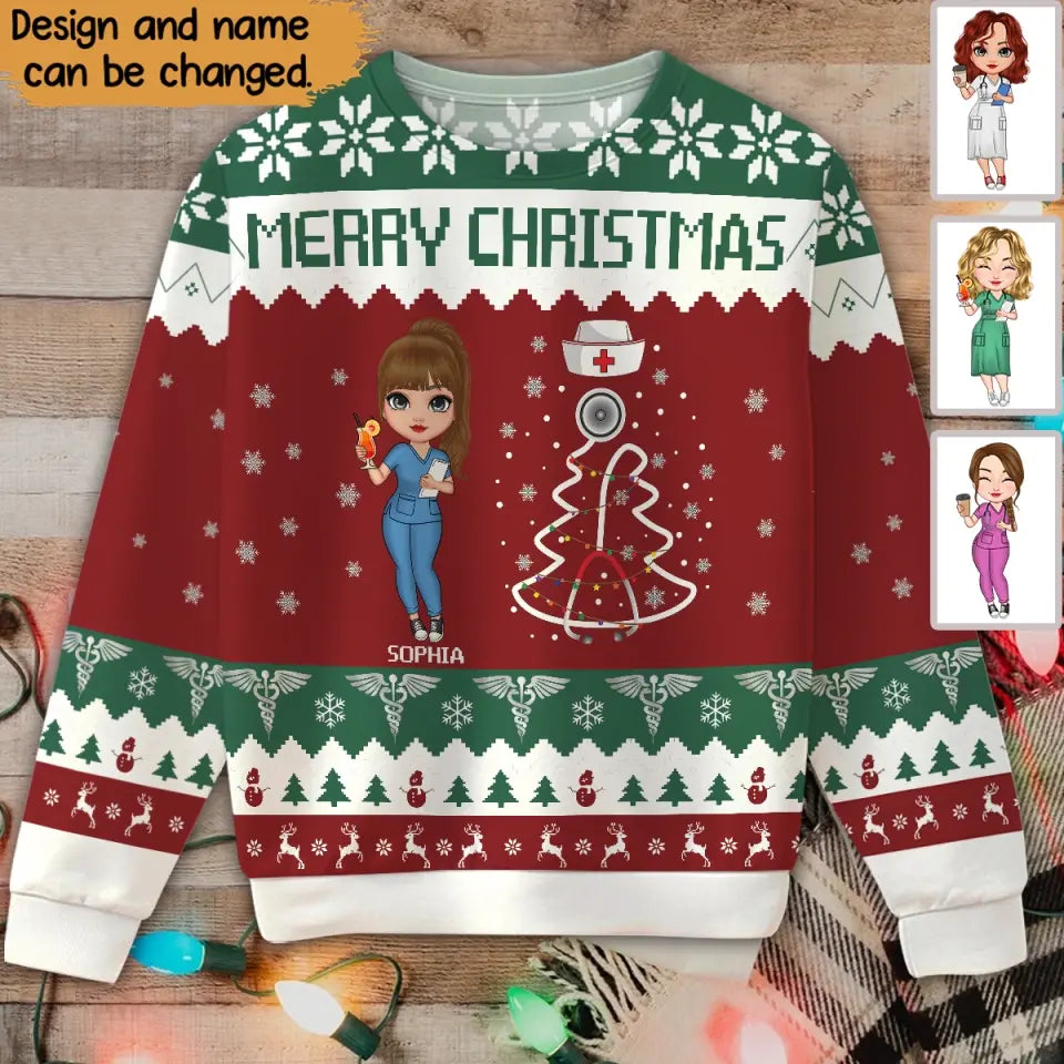 Personalized Nurse Merry Christmas Ugly Sweater Printed HTHVQ231012