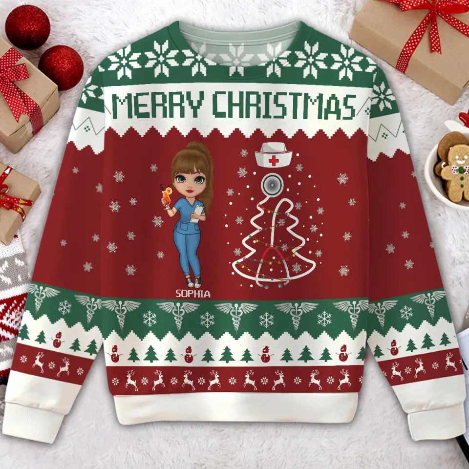 Personalized Nurse Merry Christmas Ugly Sweater Printed HTHVQ231012