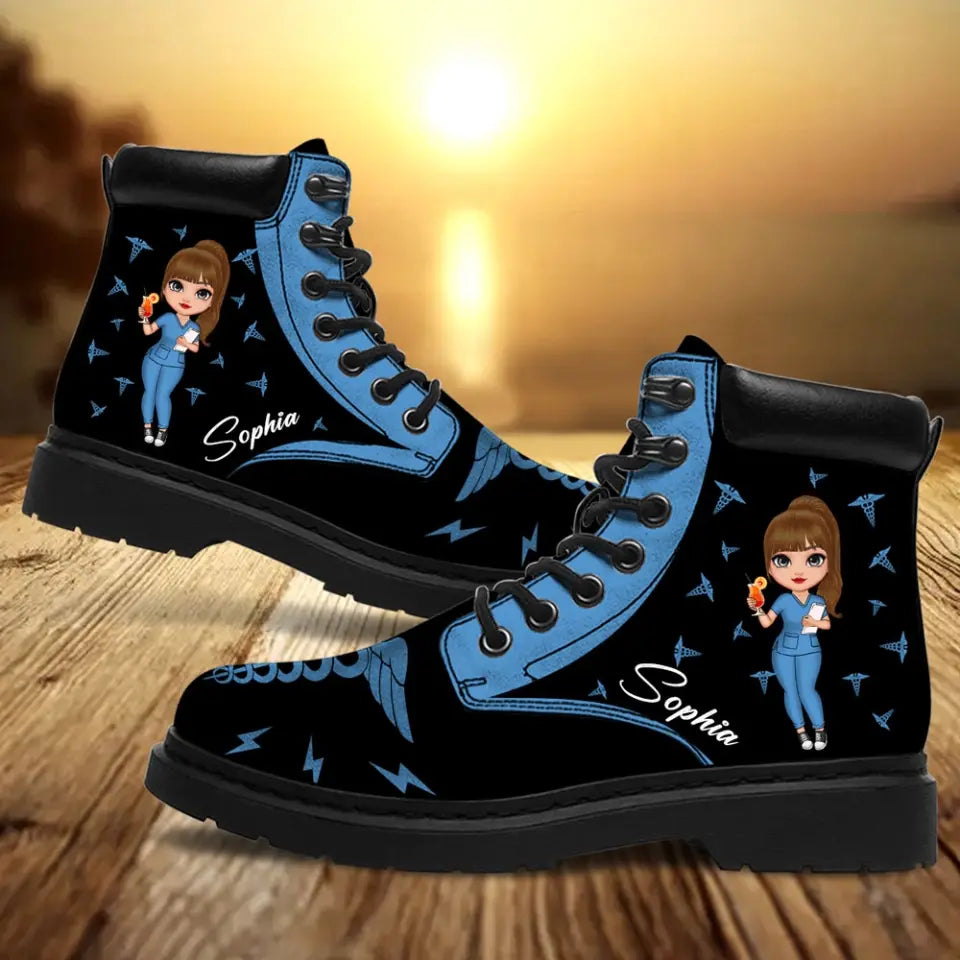 Personalized Nurse Healthcare Leather Boots Printed QTHN1108