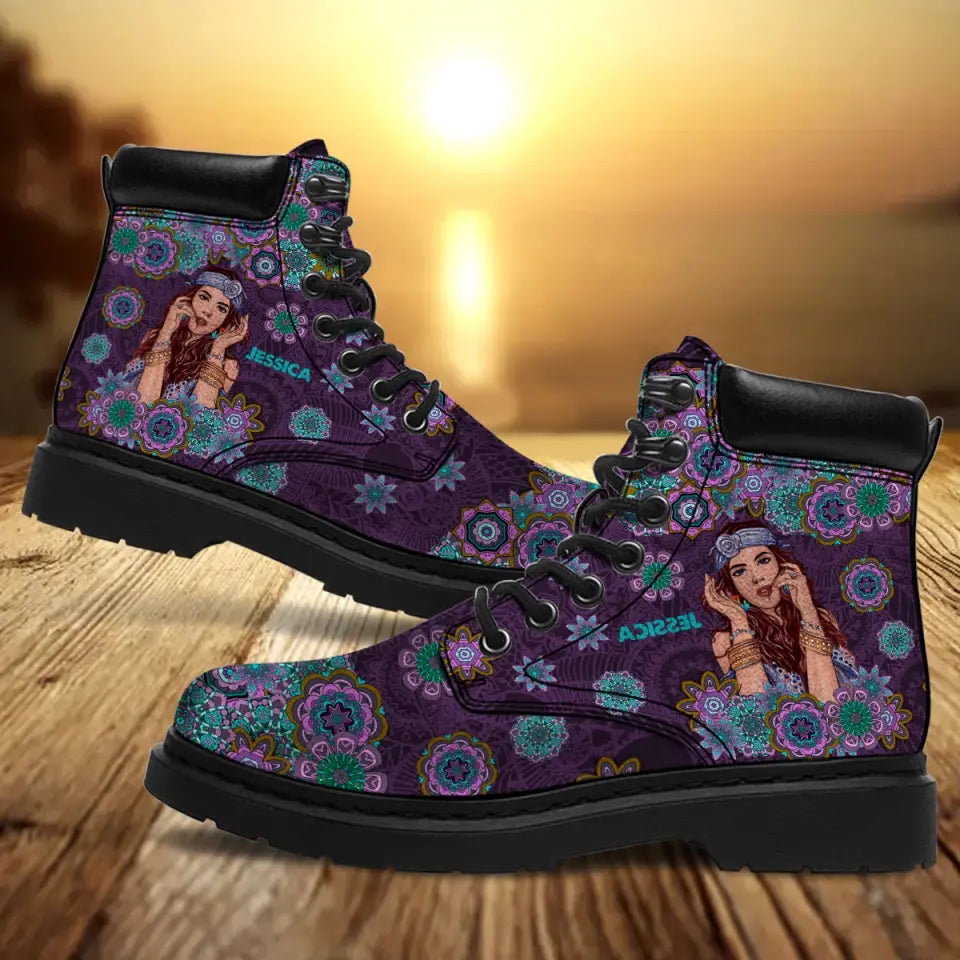 Personalized Hippie Custom Name Leather Boots Printed HTHVQ231123