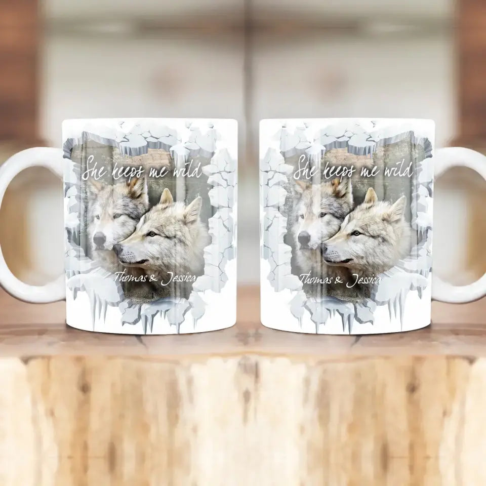 Personalized She Keeps Me Wild He Keeps Me Safe Couple Wolf White Mug Printed LVA231285