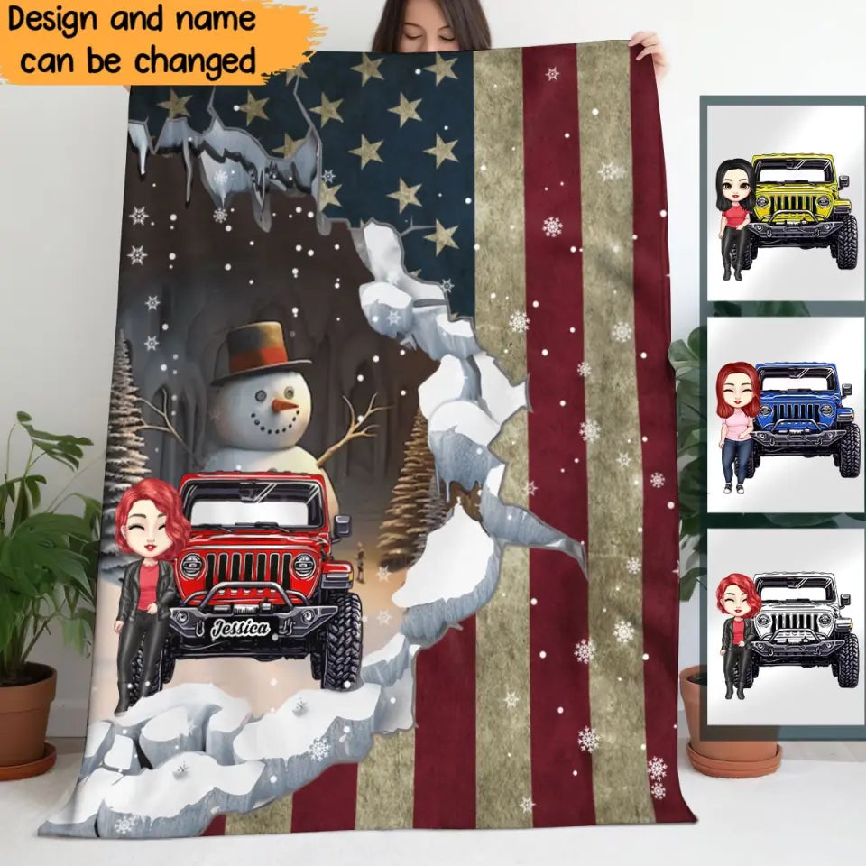 Personalized Jeep Girl Snowman Flag Sherpa or Fleece Blanket Printed MTVQ231311