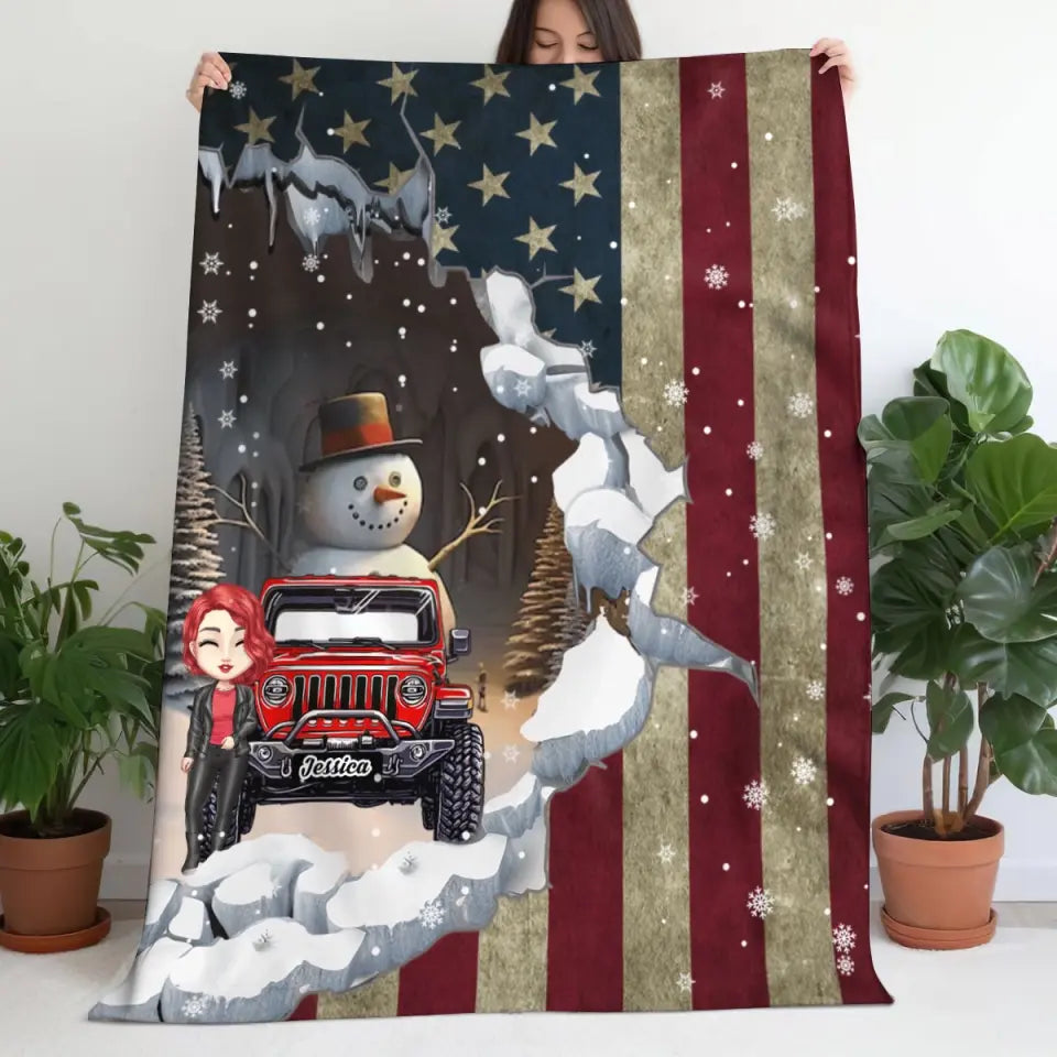 Personalized Jeep Girl Snowman Flag Sherpa or Fleece Blanket Printed MTVQ231311