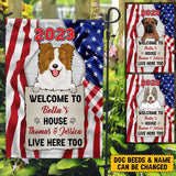 Personalized US Flag Dog Lovers Gift Welcome To Bella's House Live Here Too Garden Flag Printed LVA1327