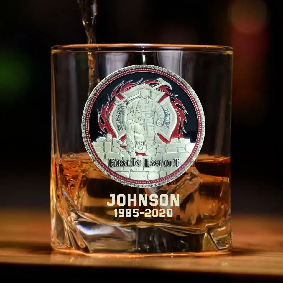 Personalized Thin Red Line First In Last Out Fireman Custom Name Whiskey Glass Printed 231508AHVH