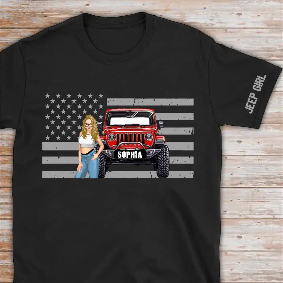 Personalized Jeep Girl US Flag Background Custom Name T-shirt Printed HN231571