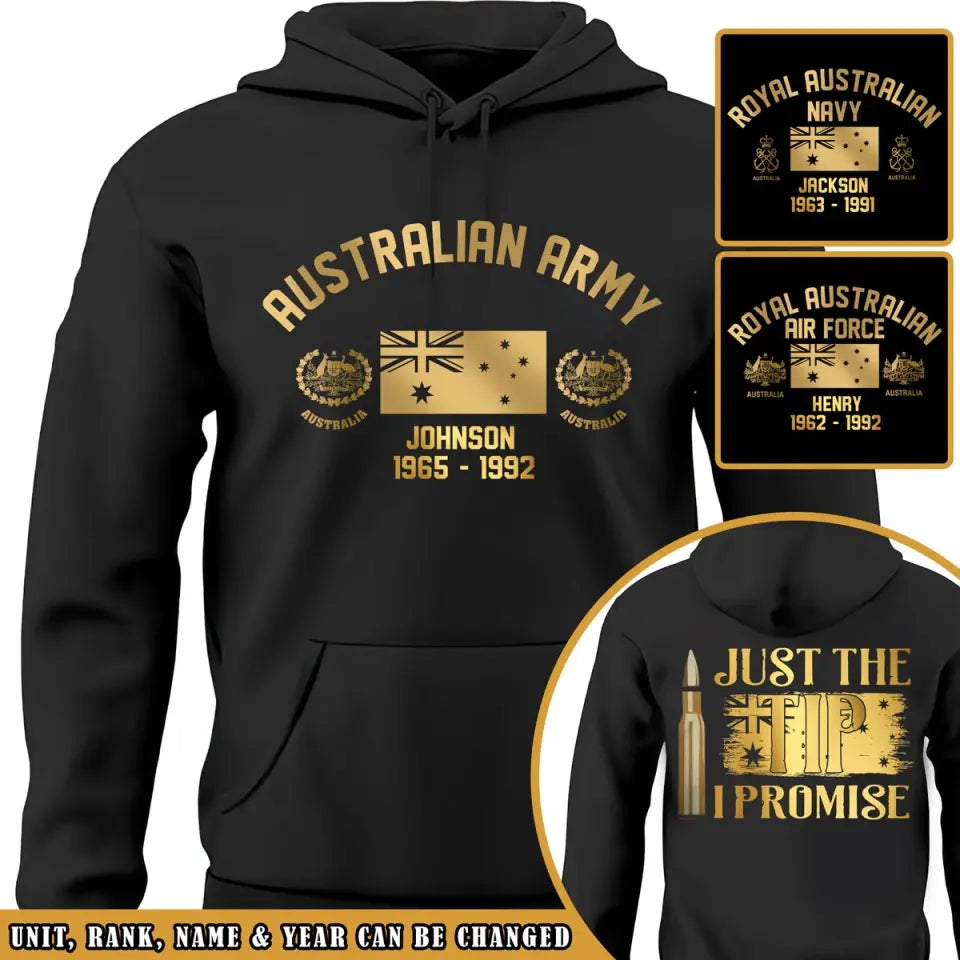 Personalized Australian Army Veteran Rank Camo Custom Name & Time Hoodie 2D Printed VQ231688