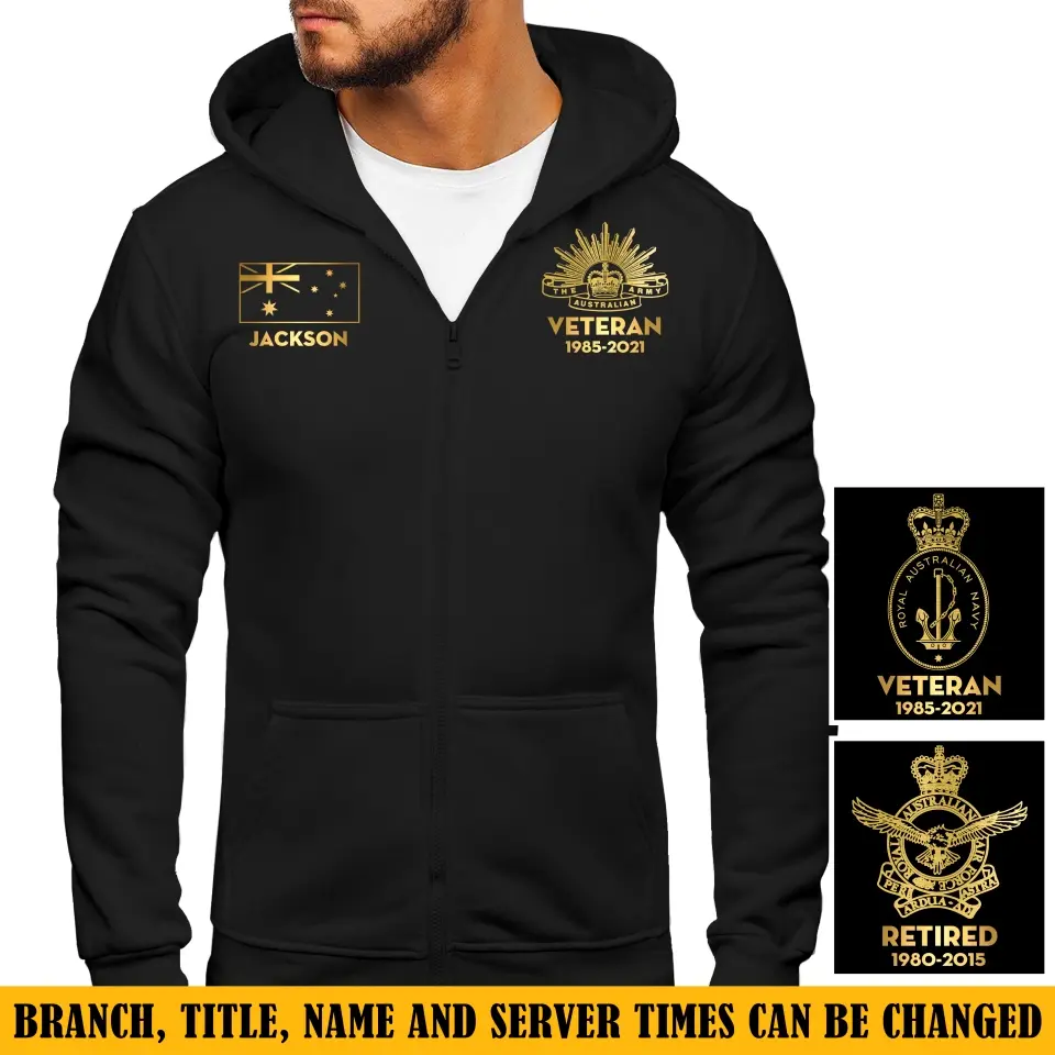 Personalized Australian Military Branch And Served Time Zip Hoodie 2D Printed QTKH2406