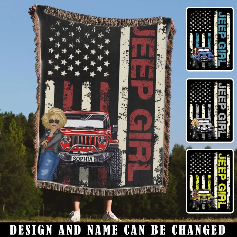 Personalized Jeep Girl US Flag Woven Blanket Printed VQ2475