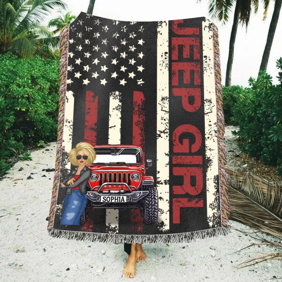 Personalized Jeep Girl US Flag Woven Blanket Printed VQ2475