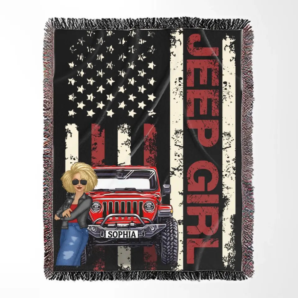 Personalized Jeep Girl US Flag Woven Blanket Printed VQ2475