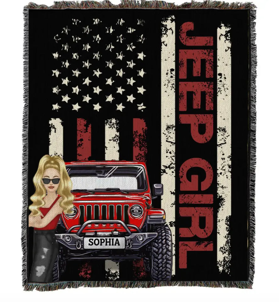 Personalized Jeep Girl US Flag Woven Blanket Printed VQ2475