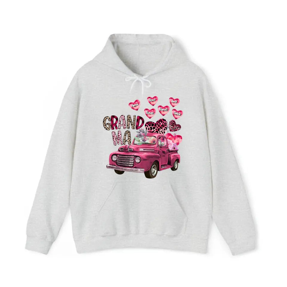 Personalized Grandma Heart Pink Car & Kid's Name Valentine's Day Gift Sweatshirt or Hoodie Printed HN24171