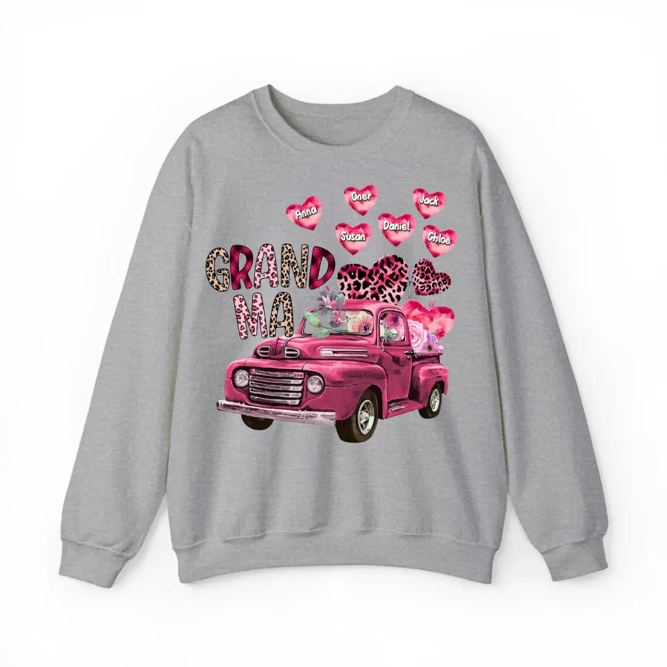 Personalized Grandma Heart Pink Car & Kid's Name Valentine's Day Gift Sweatshirt or Hoodie Printed HN24171