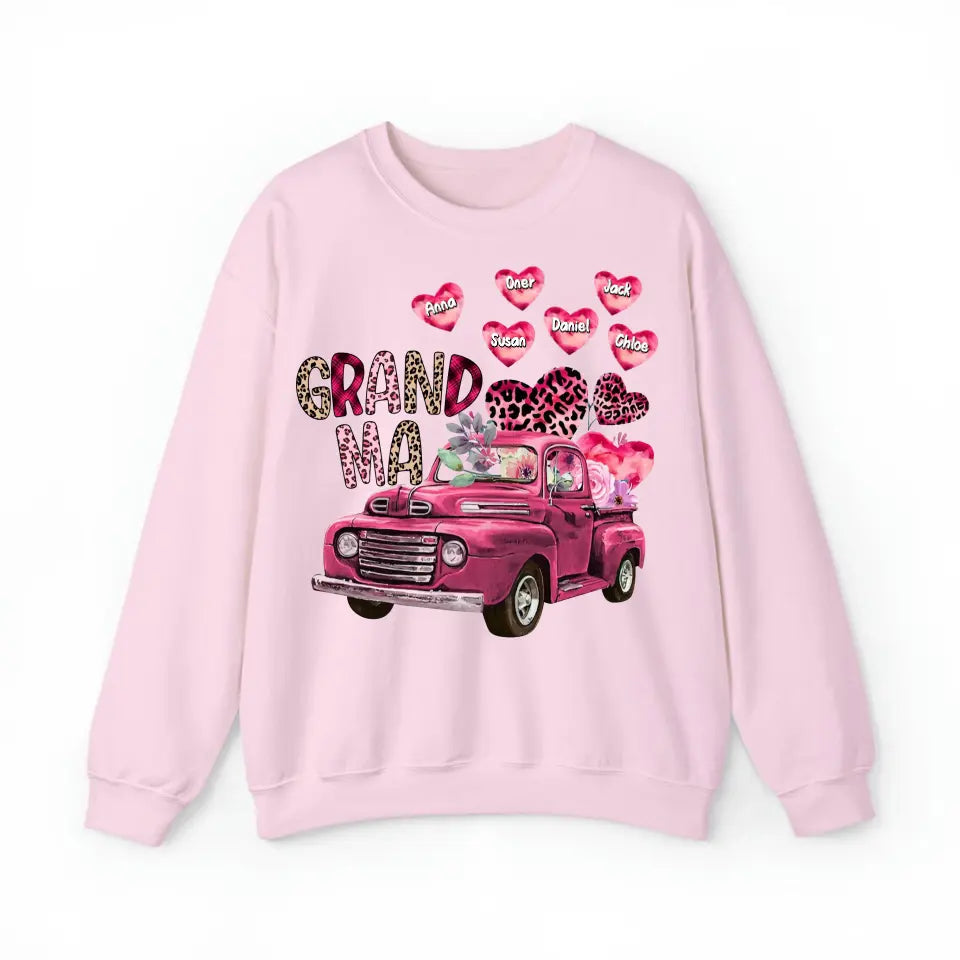 Personalized Grandma Heart Pink Car & Kid's Name Valentine's Day Gift Sweatshirt or Hoodie Printed HN24171