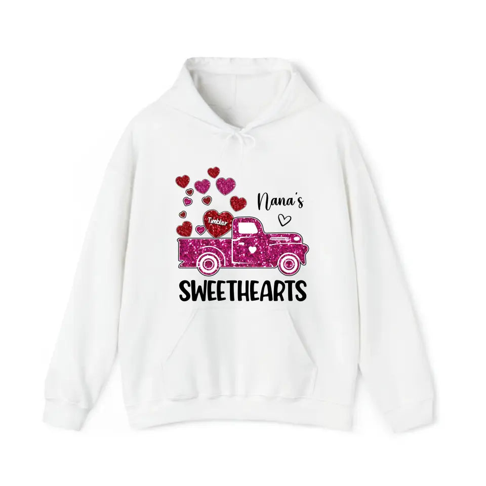 Personalized Nana's Sweethearts Hearts Pink Car Kid Name Valentine's Day Gift Sweatshirt or Hoodie 2D Printed QTHN24167