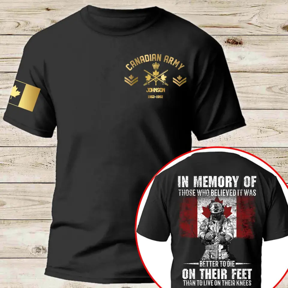 Personalized In Memory Of Those Who Believed It Was Better To Die On Their Feet Than To Live On Their Kness Canadian Veteran T-shirt Printed AHLVA24185