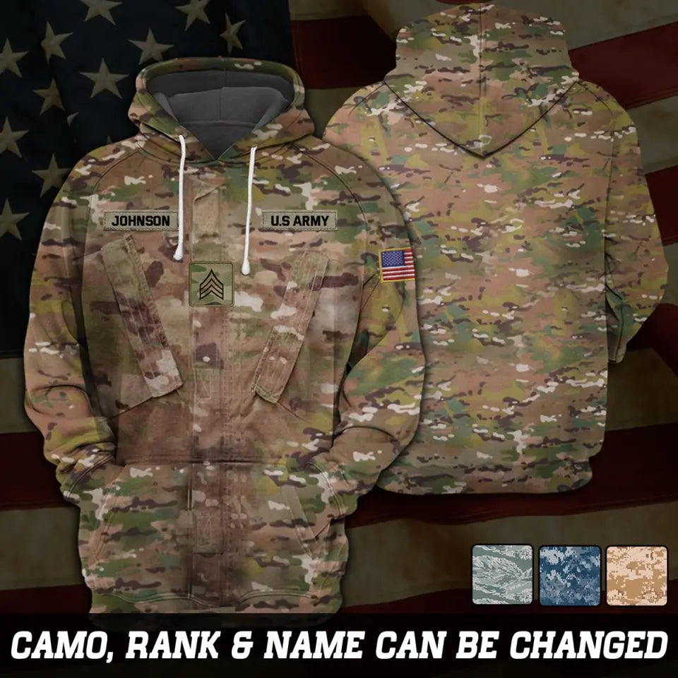 Personalized US Army Rank Camo Custom Name Hoodie 3D Printed QTVQ24220