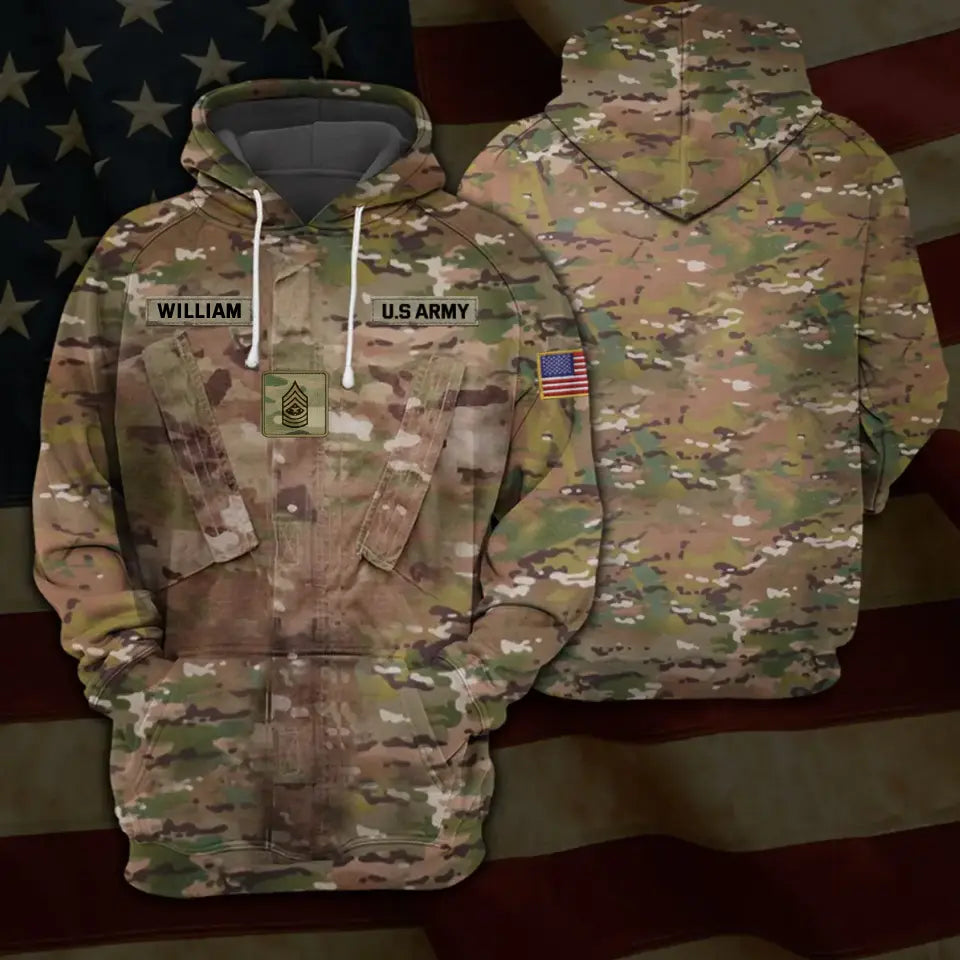 Personalized US Army Rank Camo Custom Name Hoodie 3D Printed QTVQ24220