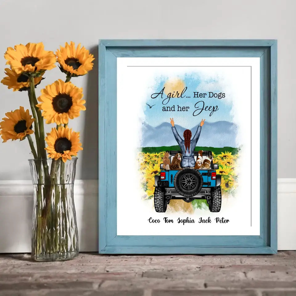 Personalized Jeep Girl A Girl Her Dogs & Her Jeep Dog Lovers Gift Frame Poster Printed LVA24541