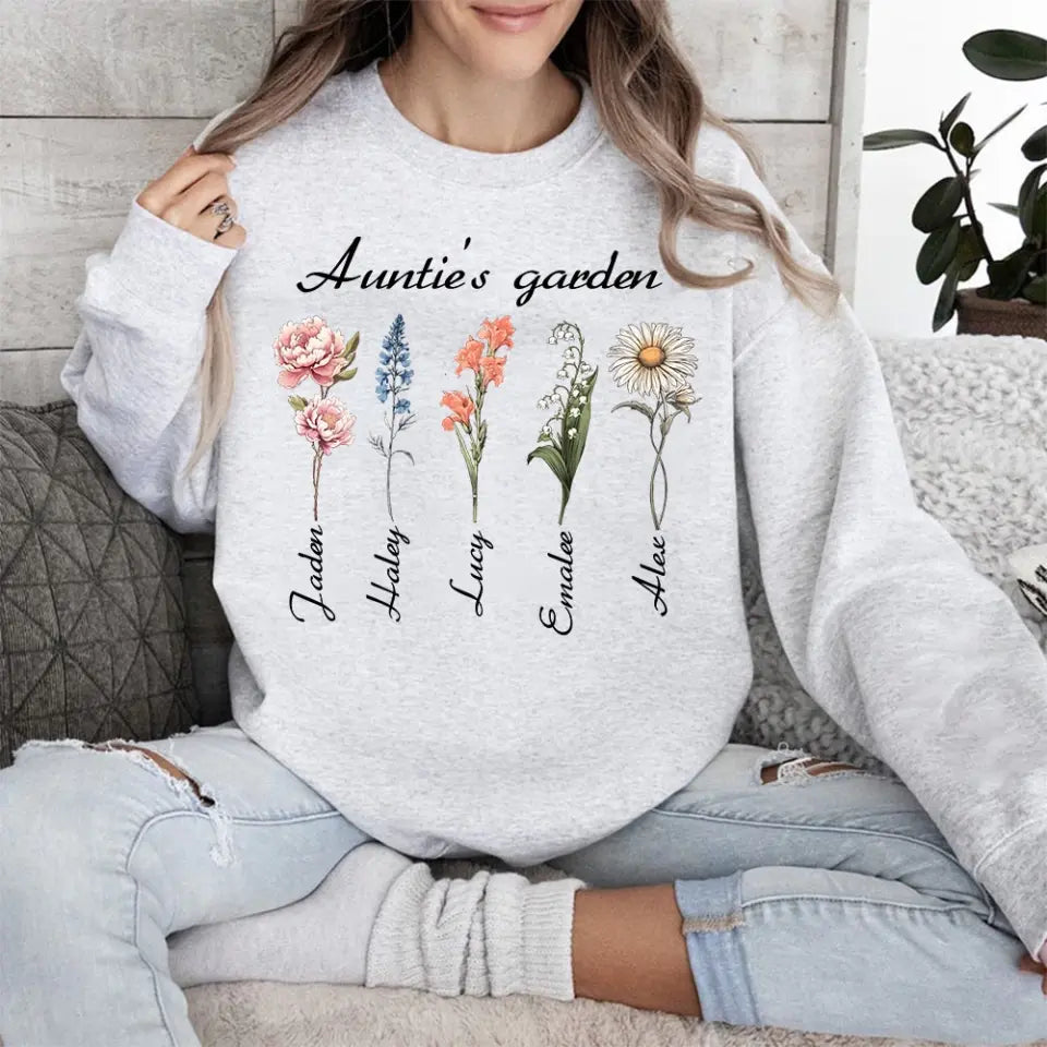Personalized Auntie's Garden Flowers with Kid Names Sweatshirt Printed HN24561
