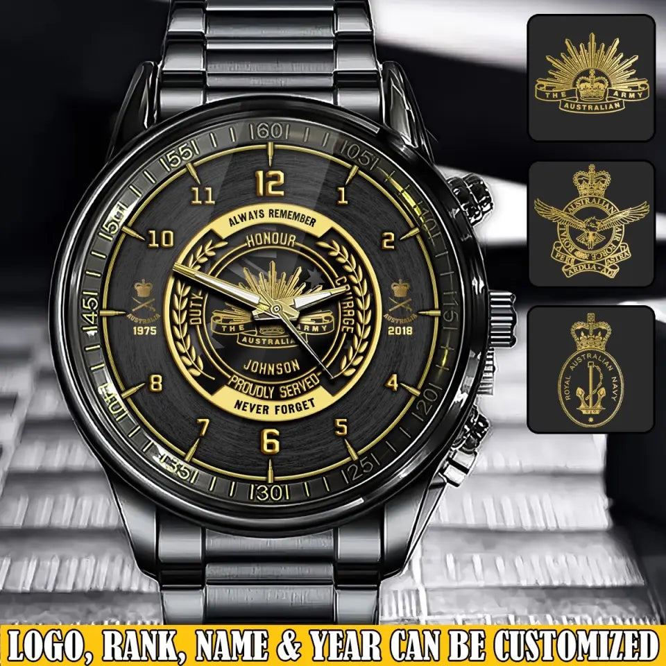 Personalized Always Remember Never Forget Honour Proudly Served Australian Veteran Cusstom Rank Camo & Name Watch Printed AHVQ24640