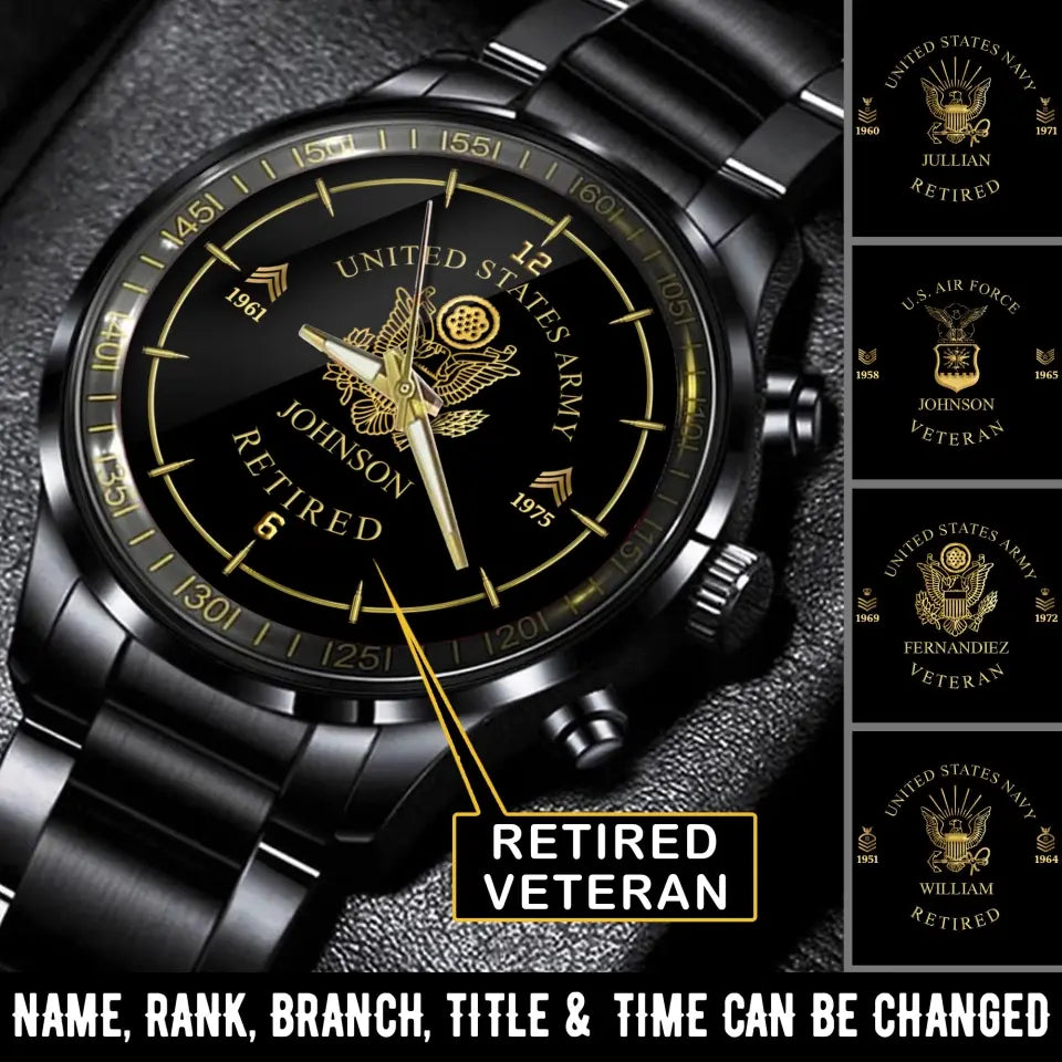 Personalized Retired US Army Logo Rank Camo Custom Name Watch Printed AHVA24667