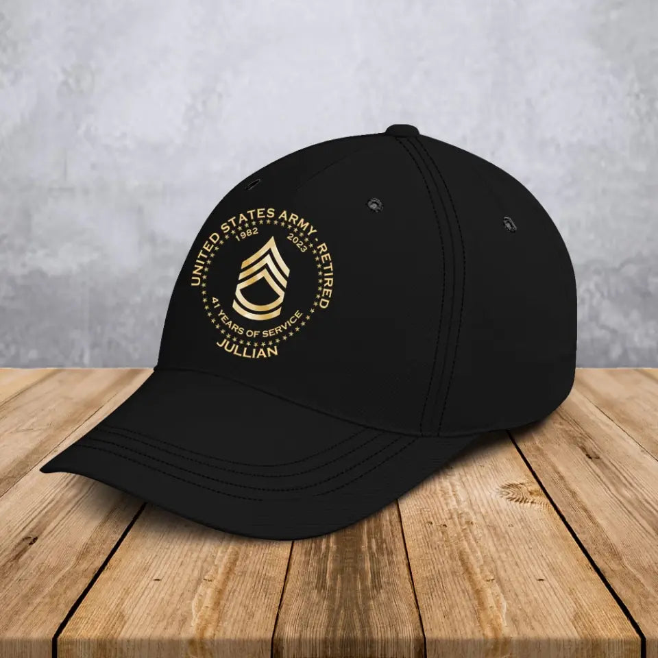 Personalized US Army Retired Custom Rank Served Time & Name Black Cap Printed AHVA24763