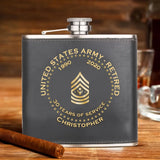 Personalized US Army Retired Custom Rank Served Time & Name Leather Flask Printed AHKH24765