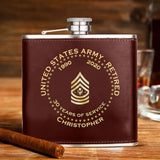 Personalized US Army Retired Custom Rank Served Time & Name Leather Flask Printed AHKH24765