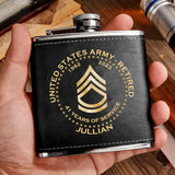 Personalized US Army Retired Custom Rank Served Time & Name Leather Flask Printed AHKH24765