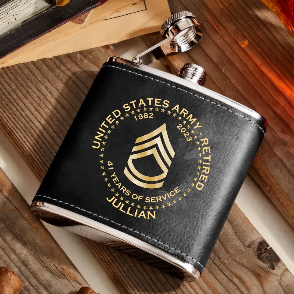 Personalized US Army Retired Custom Rank Served Time & Name Leather Flask Printed AHKH24765