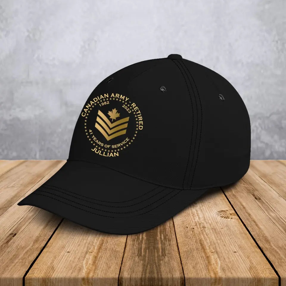 Personalized Canadian Army Retired Custom Rank Served Time & Name Black Cap Printed AHVA24763