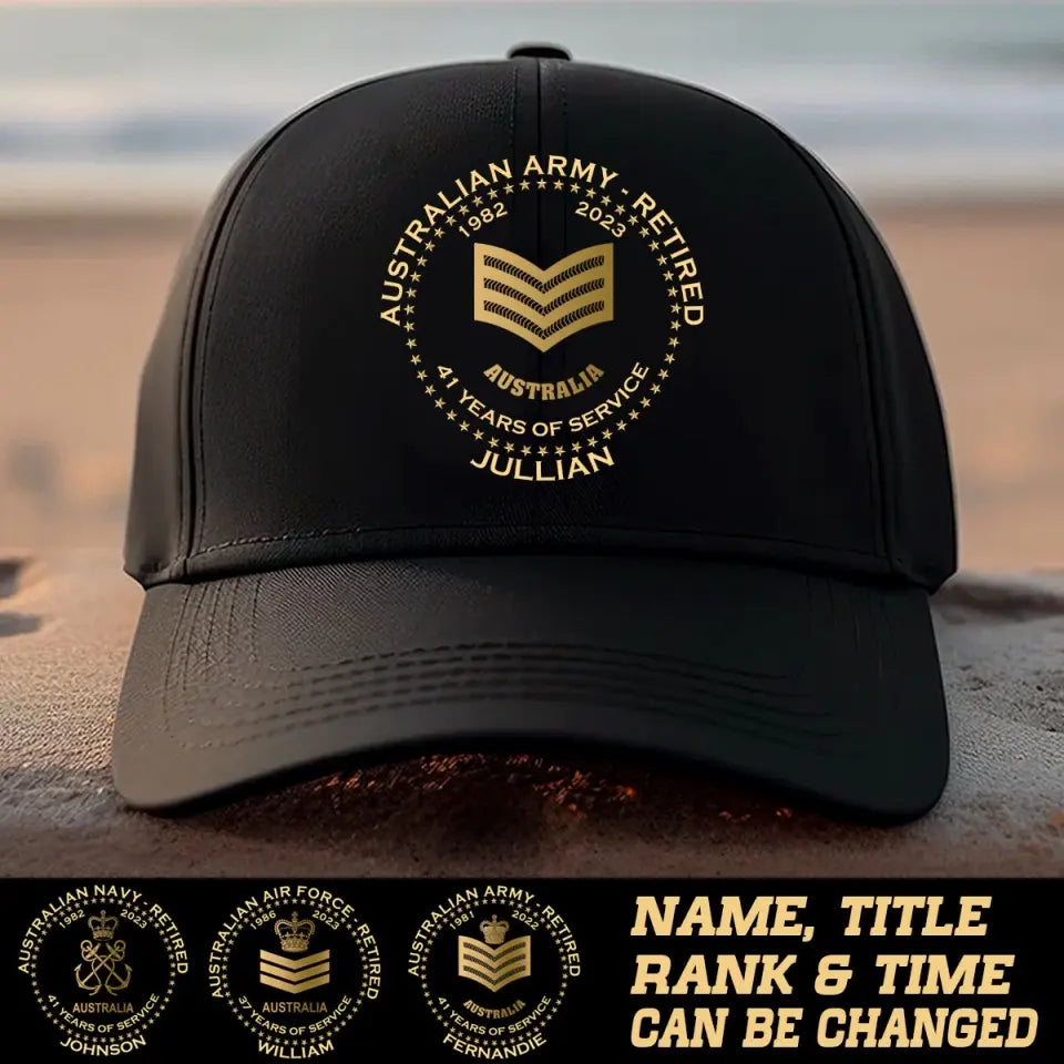 Personalized Australian Army Retired Custom Rank Served Time & Name Black Cap Printed AHVA24763