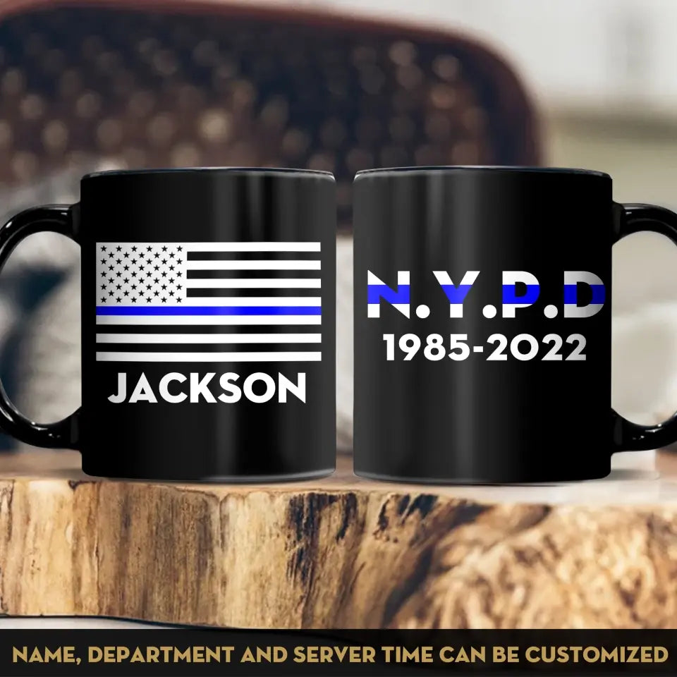 Personalized US Police Thin Blue Line Custom Name & Department Black Mug Printed KH24803