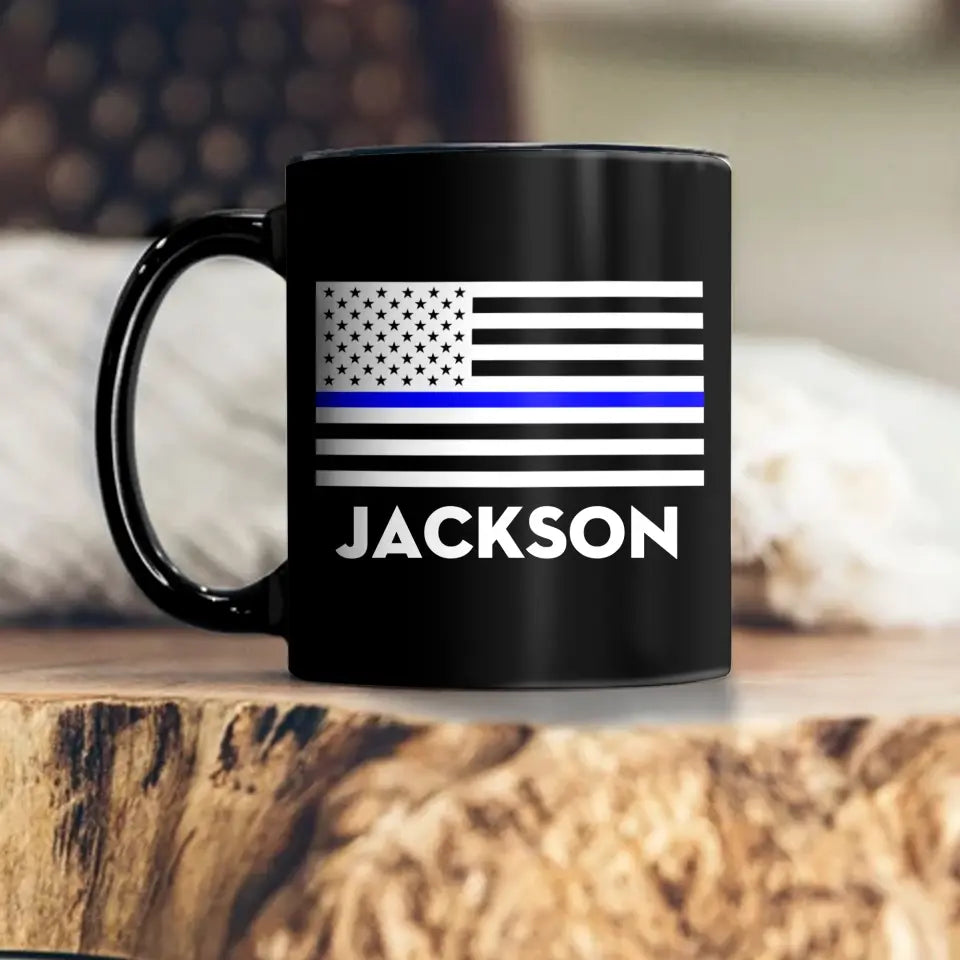 Personalized US Police Thin Blue Line Custom Name & Department Black Mug Printed KH24803