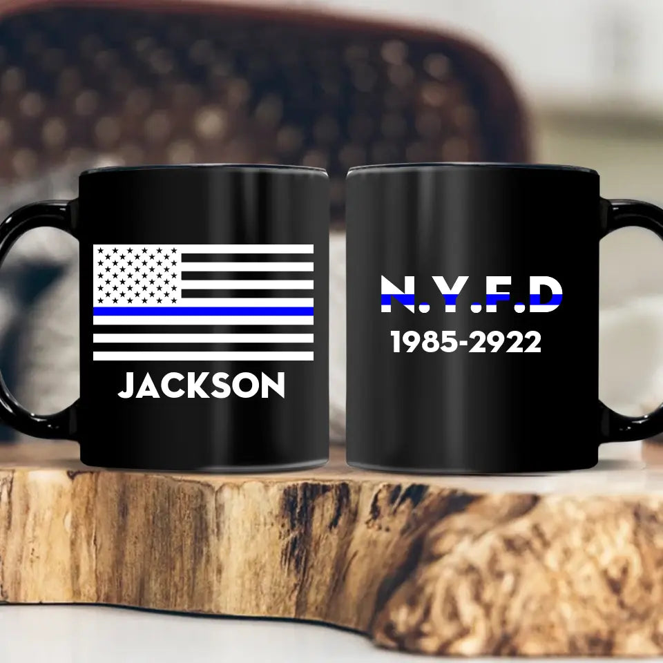 Personalized US Police Thin Blue Line Custom Name & Department Black Mug Printed KH24803