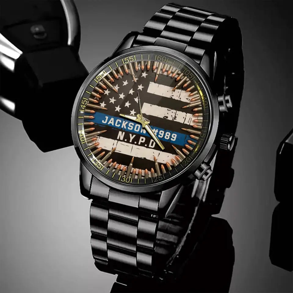 Personalized US Police Blueline Custom Name & Department Watch Printed QTKH24836