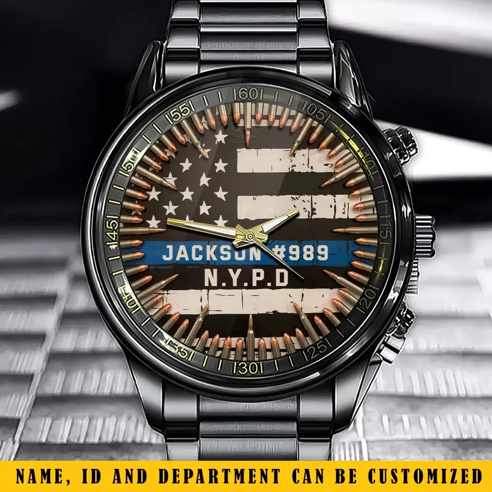 Personalized US Police Blueline Custom Name & Department Watch Printed QTKH24836