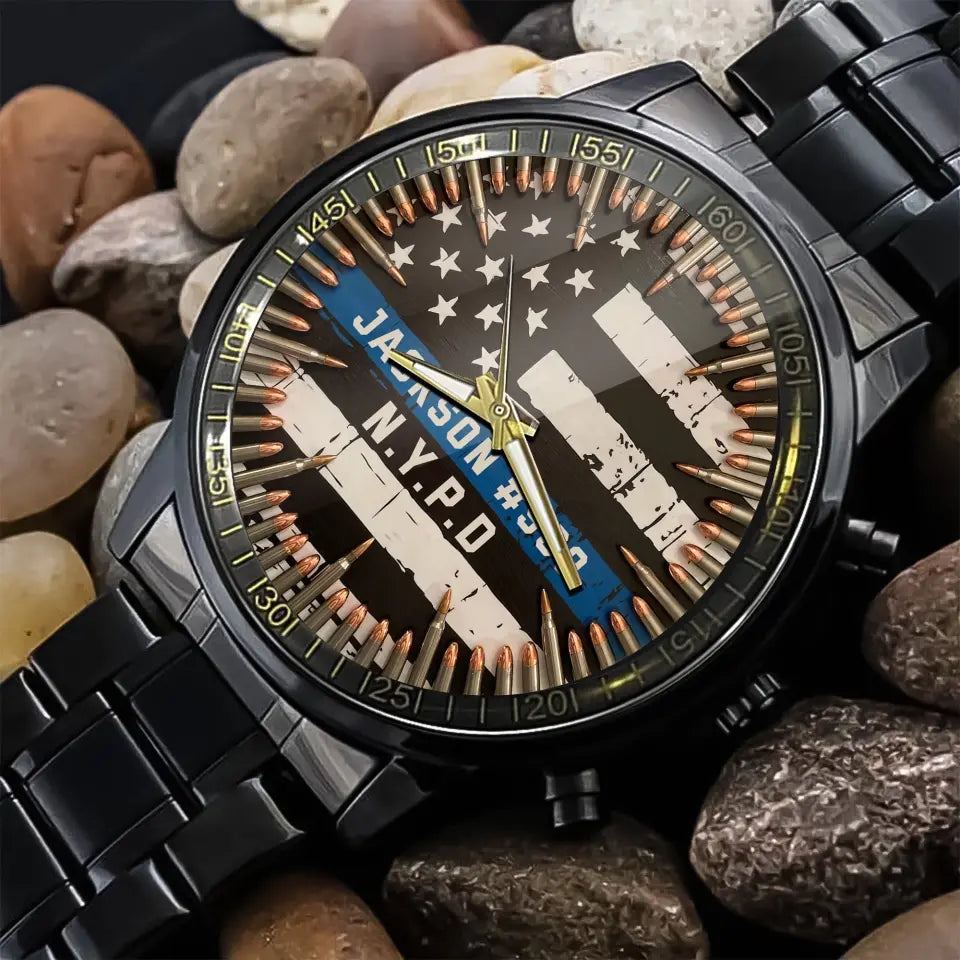 Personalized US Police Blueline Custom Name & Department Watch Printed QTKH24836