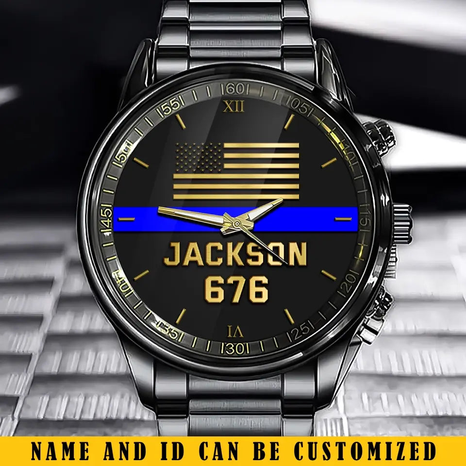 Personalized US Police Thin Blue Line Custom Name & ID Watch Printed QTKH24843