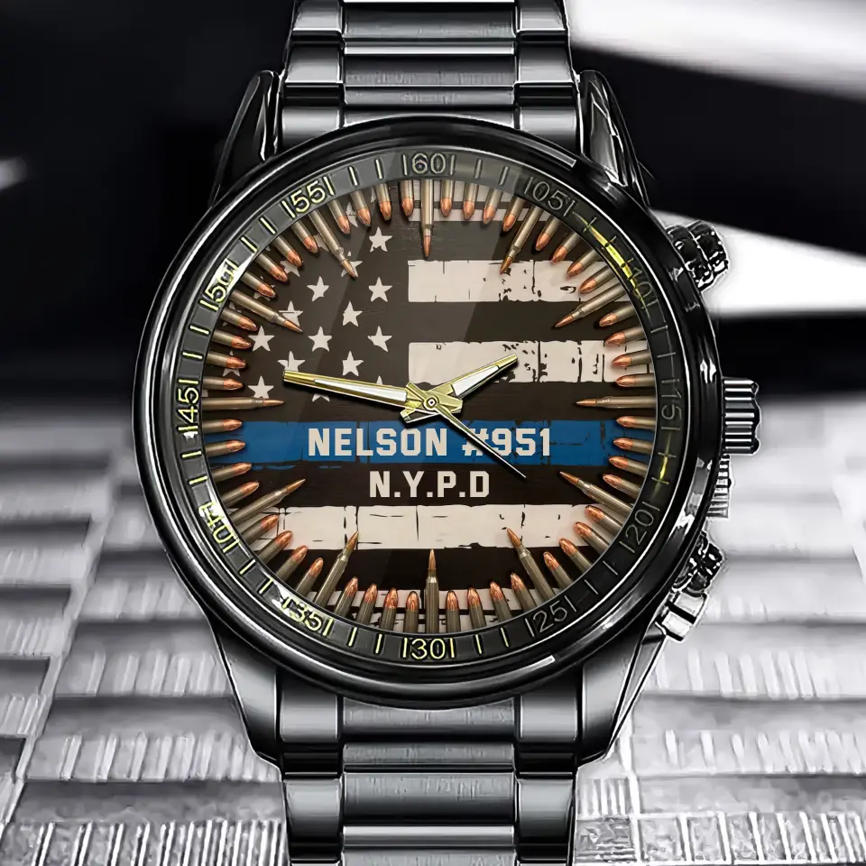 Personalized US Police Blueline Custom Name & Department Watch Printed QTKH24836