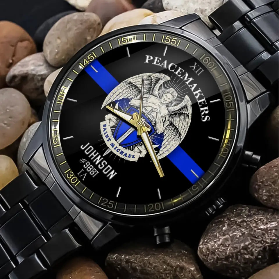 Personalized Peacemakers Saint Michael The Police Angle Blue Line Custom Name Watch VQ24910