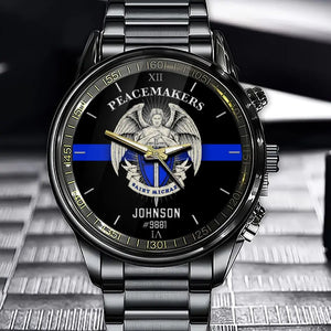 Personalized Peacemakers Saint Michael The Police Angle Blue Line Custom Name Watch VQ24910